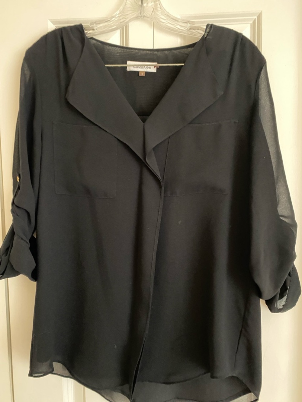 Calvin Klein Black Sheer Roll-Tab Blouse